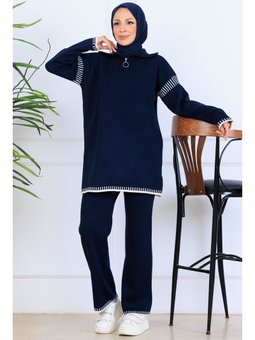 Yakası Fermuarlı Şerit Detay Triko Lacivert Takım