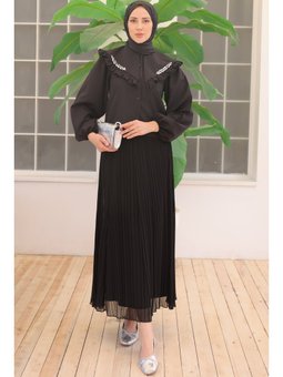 Yakası Taş Detaylı Kısa Gömlek Siyah