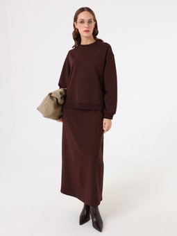 Basic Sweatshirt Uzun Etek İkili Kahverengi Takım