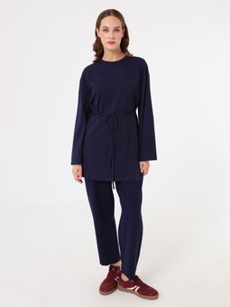 Belden Bağlamalı Modern Kesim Lacivert Tunik