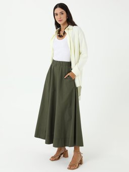 Beli Lastikli Pamuklu Basic Poplin Haki Etek