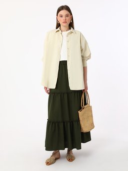 Büzgü Detaylı Beli Lastikli Haki Etek