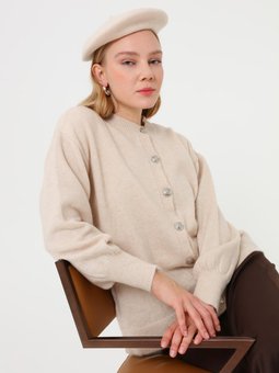 Düğme Detaylı Balon Kollu Triko Taş Rengi Hırka