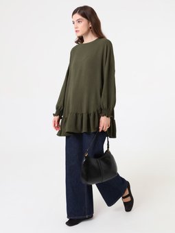 Etek Ucu Volan Detaylı Bisiklet Yaka Haki Tunik