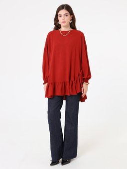 Etek Ucu Volan Detaylı Bisiklet Yaka Kiremit Tunik