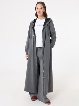 Kapüşon Detaylı Çıtçıtlı Spor Kap / Gri Melanj Pardesü