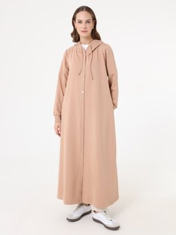 Kapüşon Detaylı Çıtçıtlı Spor Kap / Koyu Krem Pardesü