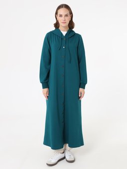 Kapüşon Detaylı Çıtçıtlı Spor Kap / Koyu Zümrüt Yeşili Pardesü