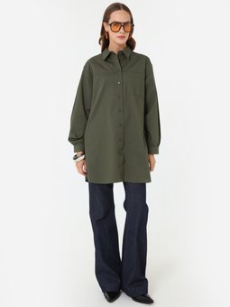 Poplin Kumaş Cep Detaylı Uzun Basic Bluz / Haki Gömlek