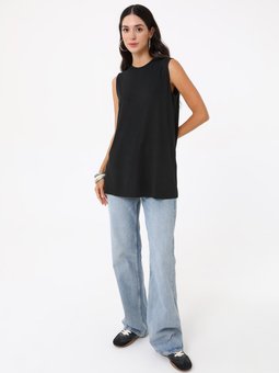 Rahat Kalıp Beli Bağlamalı Uzun Siyah Tunik