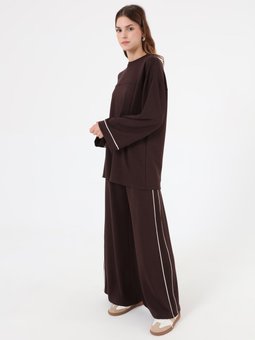 Yumuşak Tuşeli Kontras Biye Detaylı Tunik & Pantolon Kahverengi Takım