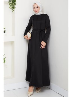 Akten İpli Scuba Siyah Elbise