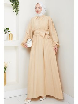 Alser Kuşaklı Bej Elbise