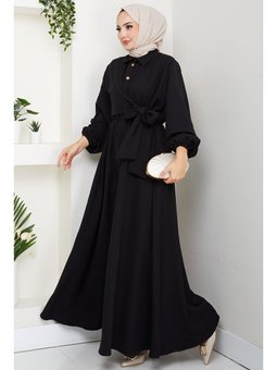 Çapraz Bağlamalı Yaka Siyah Gömlek Elbise