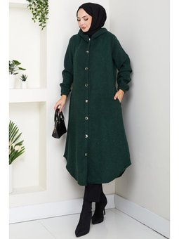 Çizgi Detay Kapüşonlu Kaşe Zümrüt Yeşili Kap