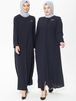 Lacivert Nervür Detaylı Broşlu Ferace