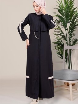 Siyah Bafra Kapüşonlu Zincir Detaylı Ferace