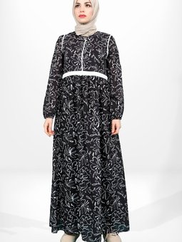 Siyah Çiçek Desenli Üstü Kapama Detaylı Beli Ayarlanabilir Elbise