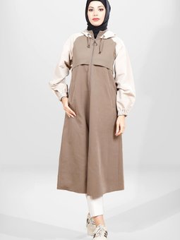 Toprak Kapüşonlu Garnili Trençkot