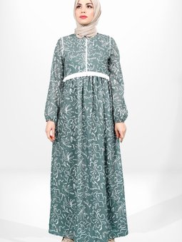 Yeşil Çiçek Desenli Beli Ayarlanabilir Üstü Kapama Detaylı Elbise