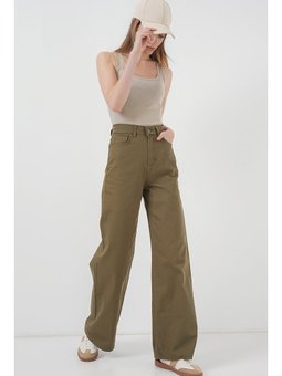 Bol Paça Yüksek Bel Palazzo Haki Pantolon