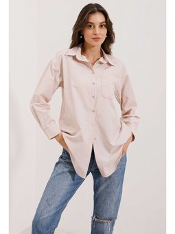 Cep Detaylı Çizgili Oversize Bej Gömlek