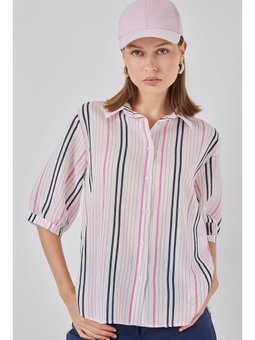Çizgili Kısa Kol Pembe Gömlek