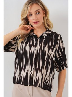 Desenli Kısa Kol Crop Siyah Gömlek