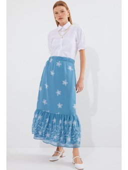 Desenli Şifon İndigo Etek