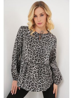 Desenli Uzun Kol Antrasit Bluz