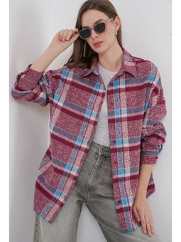 Ekose Desen Oversize Oduncu Mor Gömlek