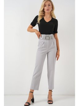 Kemerli Kumaş Gri Pantolon
