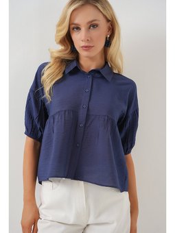 Kısa Kol Crop İndigo Gömlek
