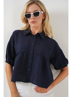 Kısa Kol Crop Lacivert Gömlek