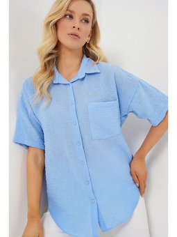 Kısa Kol Keten Görünümlü Mavi Gömlek