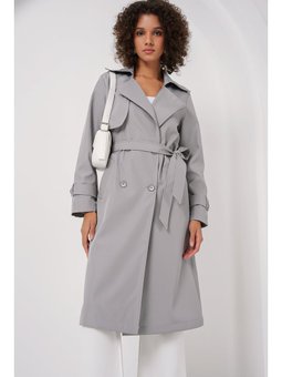 Kruvaze Yaka Gri Trençkot