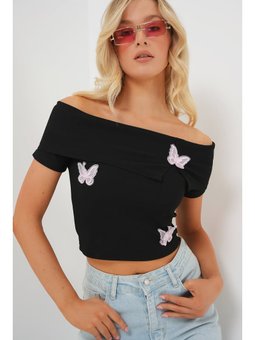 Madonna Yaka Kelebek Detaylı Siyah Bluz