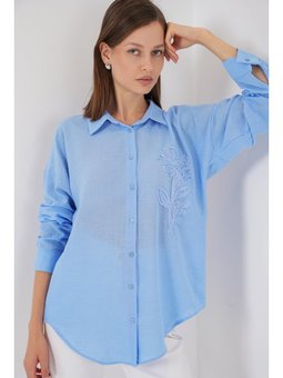 Nakışlı Oversize Mavi Gömlek