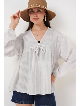 Önü Bağcıklı Uzun Kol Ekru Bluz