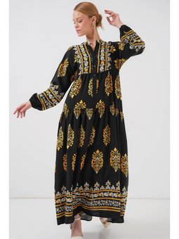 Otantik Desenli Siyah Elbise