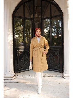 Kruvaze Yaka Cepli Belden Bağcıklı Camel Trençkot 46)