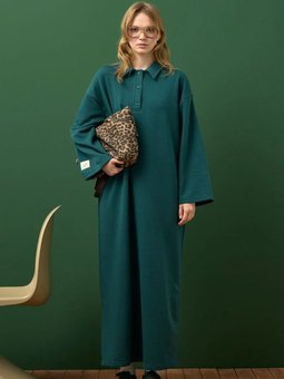 İplik Polo Yaka Zümrüt Yeşili Elbise