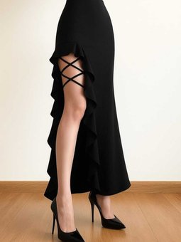 Siyah Etnik Uzun Maksi Balık Model Gotik Tarz Volanlı Yırtmaçlı Fırfırlı Etek