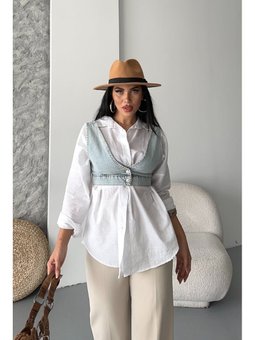 Kot Büstiyer Kısa Crop Düğmeli Buz Mavi