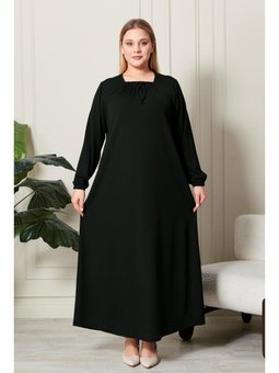 Büyük Beden Kare Yaka Fitilli Haki Elbise