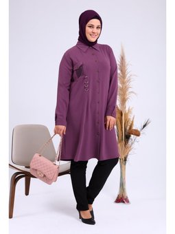 Buyuk Beden Tesettur Kadin Ayrobin Kumas Mürdüm Tunik