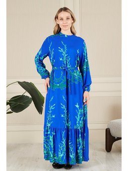 Kadin Hakim Yaka Buyuk Beden Tesettur Viskon Kumas Pileli Ve Piliseli Mavi Elbise