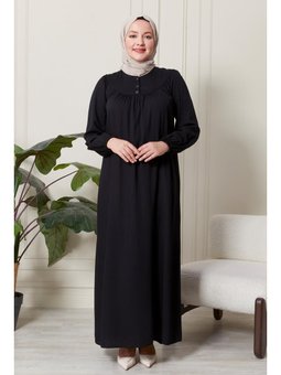 Kadin Hakim Yaka Buyuk Beden Tesettur Viskon Kumas Pileli Ve Piliseli Siyah Elbise