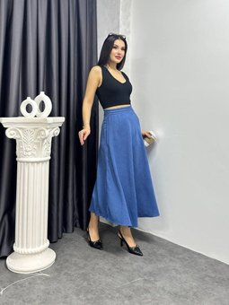 Mavi Keten Uzun Kloş Etek