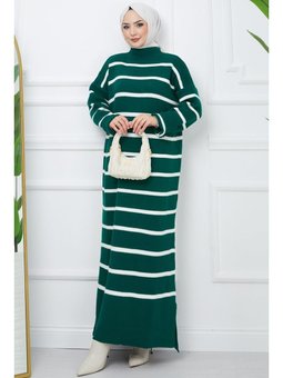 Balıkçı Yaka Çizgili Triko Zümrüt Elbise Yeşili